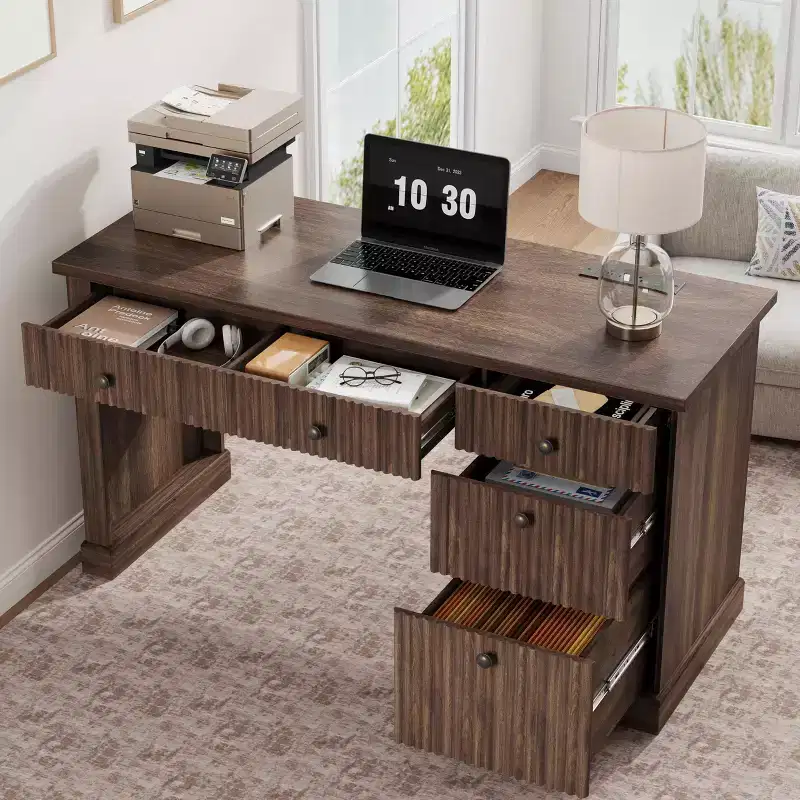 GustoWave Fluted Home Office Desk Storage, 54 Modern Executive Desk, Wooden Computer Writing Desk with File Cabinet & Drawers