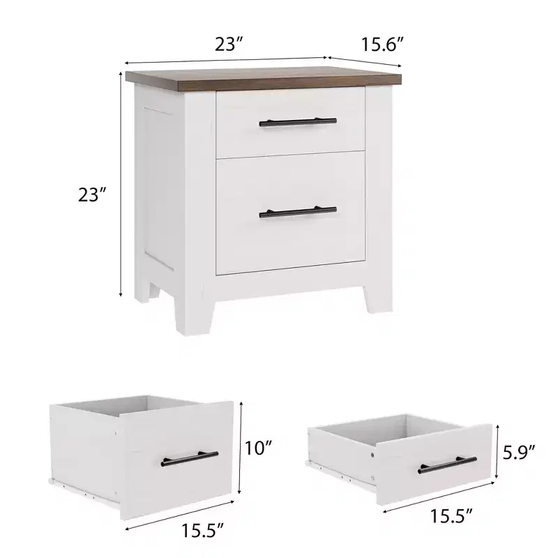 Space-Saving 2-Drawer Farmhouse Nightstand, Distressed White Bedside Table w/ Brown Top, Rustic Wood End Table for Bedroom & Living Room Sofa