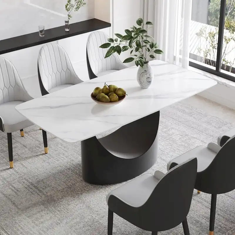 71 Black Marble Sintered Stone Table Top,Rectangle Dining Room Table with Unique U-Shape Black Carbon Steel Pedestal