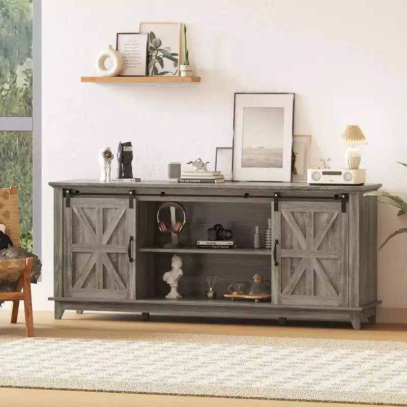 Modern Farmhouse TV Stand, Entertainment Center - Sliding Barn Doors - Storage Cabinets & Media Console Table for Living Room