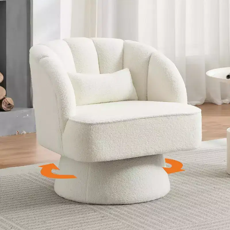 Modern 360 Swivel Barrel Accent Chair, Teddy Fleece Upholstered Armchair w/Soft Pillow, Round Reading Chair for Living Room, Bedroom