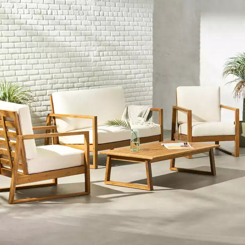 Christopher Knight Home Bringier Outdoor Acacia Wood 4 Seater Chat Set with Water Resistant Cushions