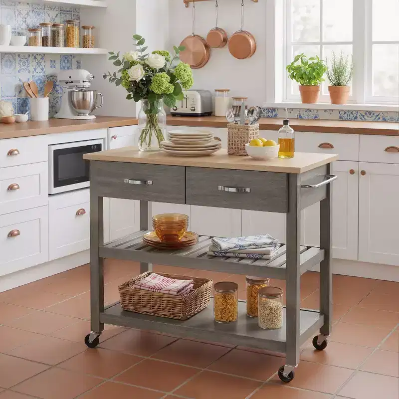 42 Solid Wood Rolling Kitchen Cart 3-Tier Kitchen Island Cart with 2 Storage Drawers Lockable Wheels & Towel Rack Mobile Kitchen Trolley