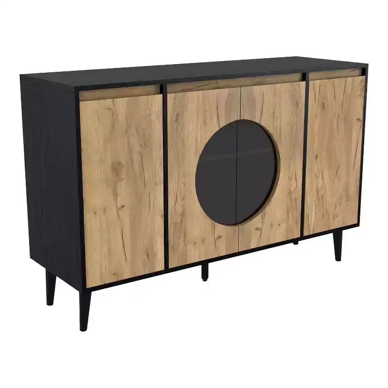 Mid-Century Modern Buffet Server, Light Oak & Black, Glass Doors, 47