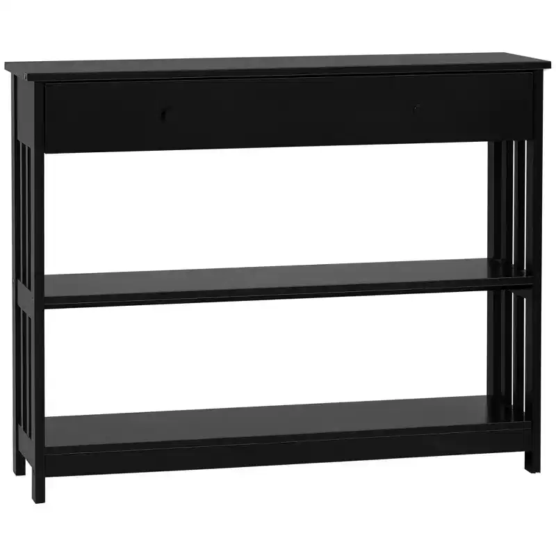 Console Hallway Table with Extra Wide Pull Out Drawer, 2 Open Shelves and Slatted Wood Frame Design