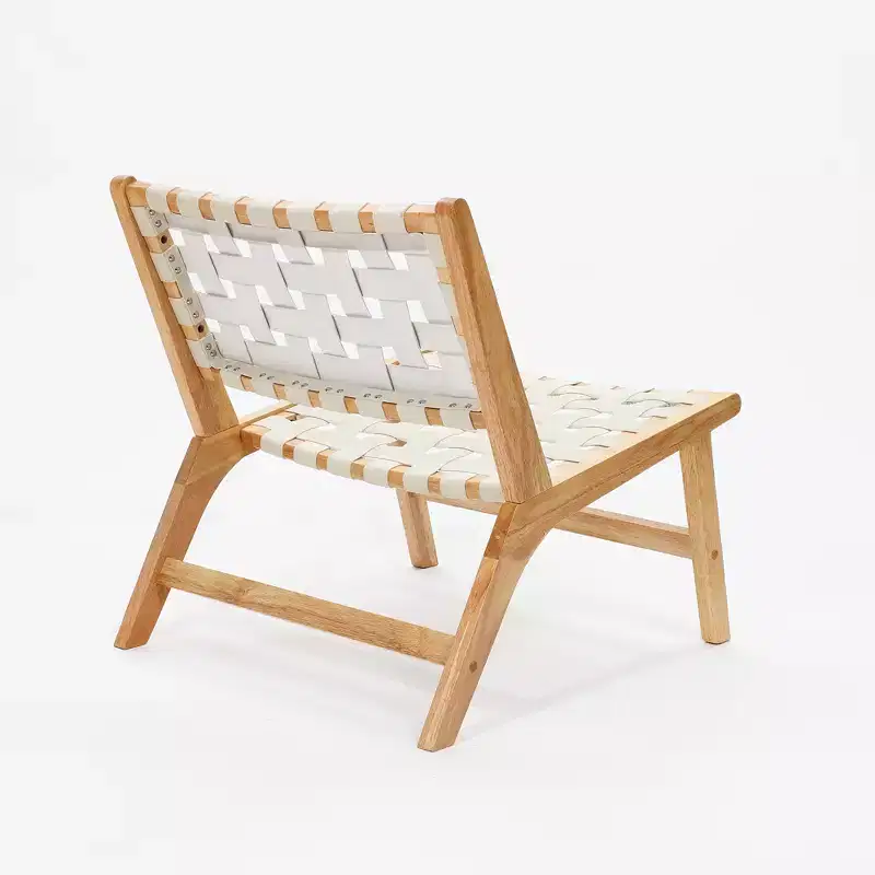 LuxenHome Natural Rubberwood with White PU Leather Low Profile Armless Accent Chair, Set of 2