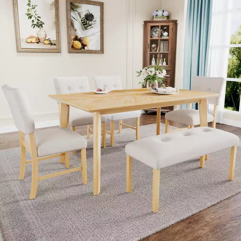 6-Piece Rustic Farmhouse Dining Set with Table, 4 Chairs, and Bench, for 6 Persons, Easy Assembly