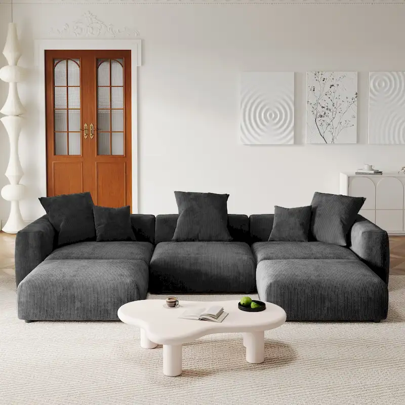 141.73 U-shape Corduroy Modular Sofa, Large Size Comfy Sectional Couch Sofa with 5 Pillows