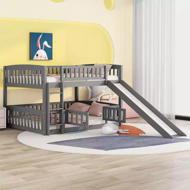Full Size Wood Bunk Bed With Slide, Fence and Ladder, Easy Assembly