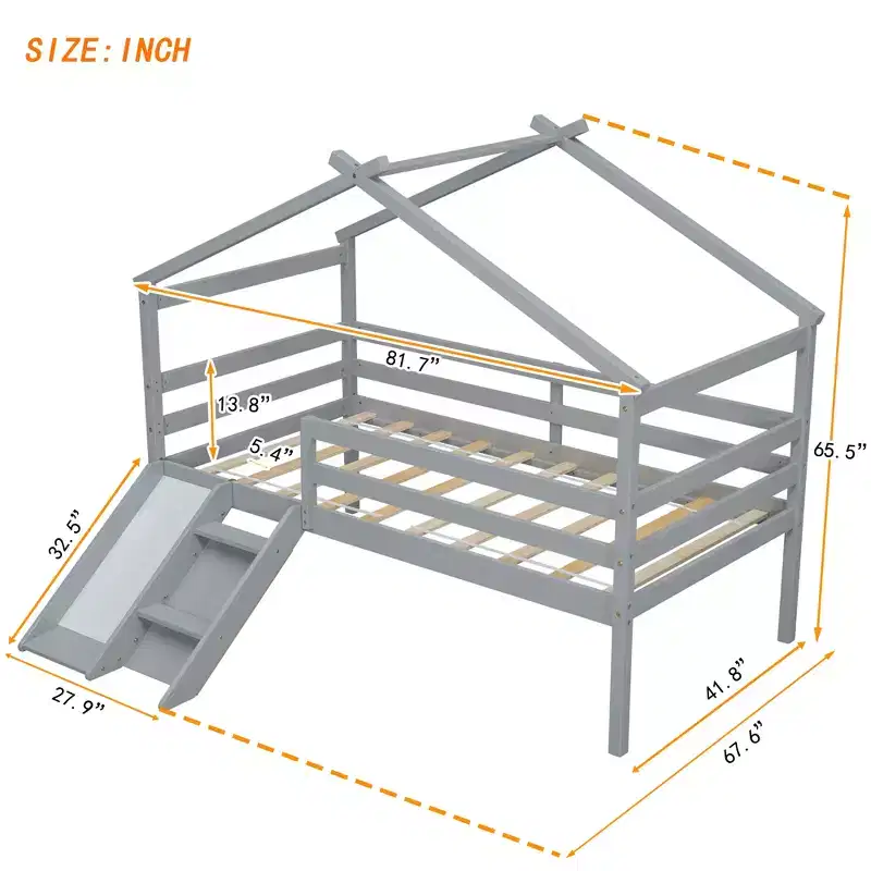 Bellemave Twin Loft Bed with Slide and Ladder, House Loft Bed for Kids,Wood Loft Bed, for Boys Girls, Gray
