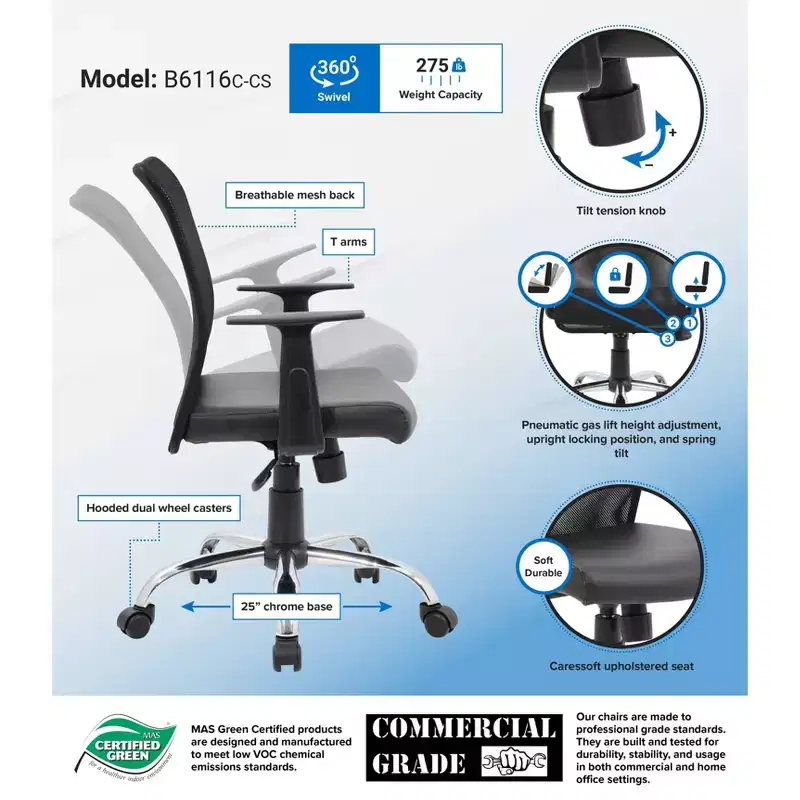 Fixed Arm Budget Mesh Task Chair Black - Boss Office Products: Chrome Base, Pneumatic Lift, Locking Tilt Control
