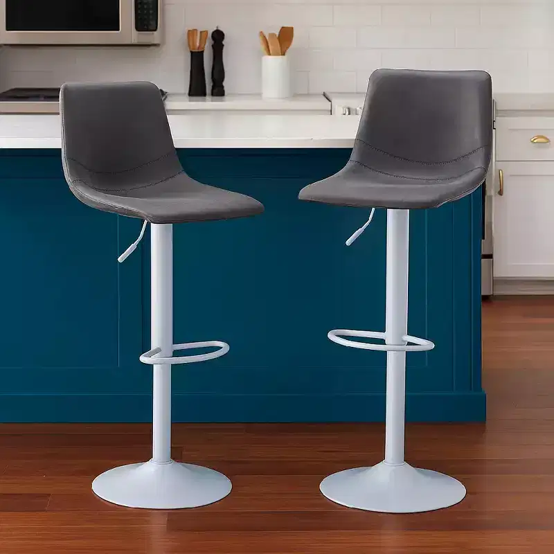 LeisureMod Tilbury Bar Stools with White Iron Base  Adjustable Height Counter Stools with Leather Seat, Swivel Function & Footrest Set of 2