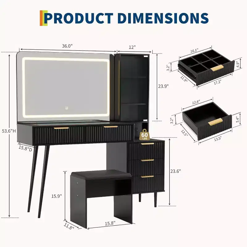 48 Makeup Vanity Desk for Bedroom,Makeup Vanity Table with Soft Stool,Makeup Desk with 4 Drawers & Shelves, Dressing Table Set for Bedroom