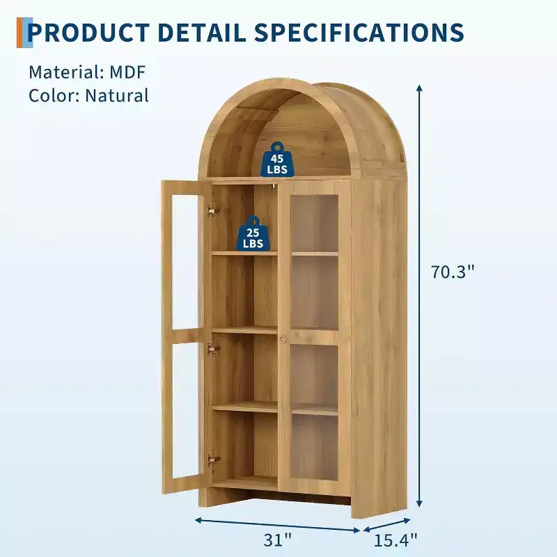 Arched Display Cabinet with Adjustable Shelves, 70 Tall Oak Storage Cabinet with Clear Acrylic Doors for Kitchen or Living Room