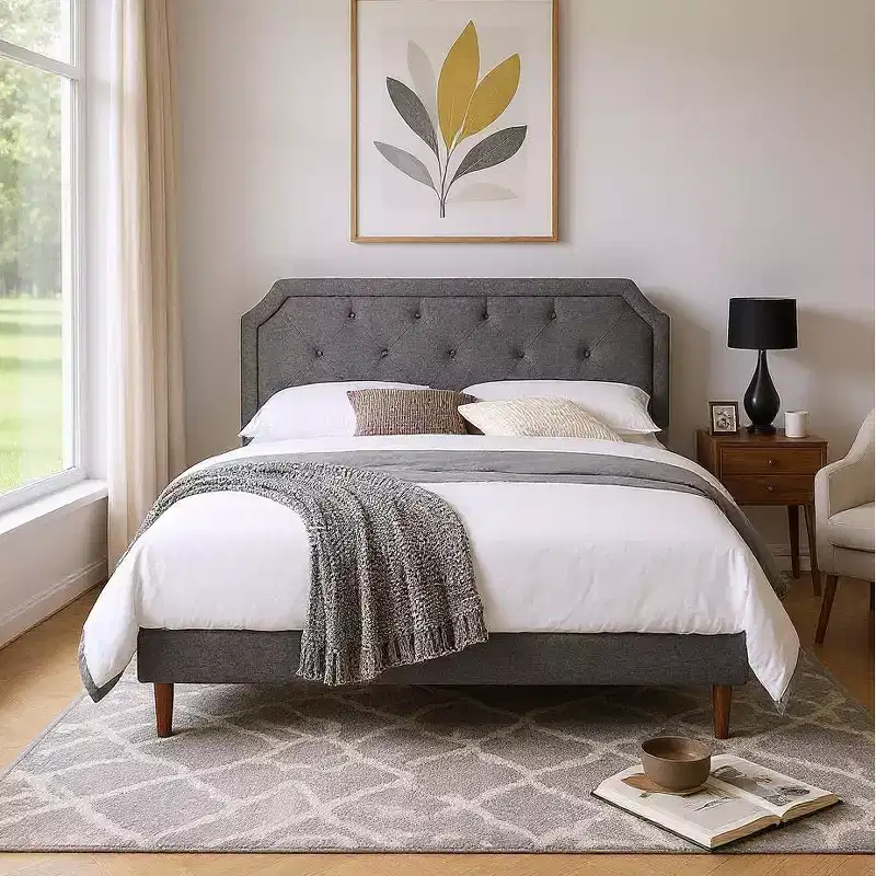 Linen Upholstered Adjustable Headboard Bed Frame