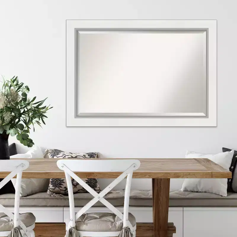 42x30 Inch Eva White Framed Wall Mirror in Silver with Modern Beveled Glass