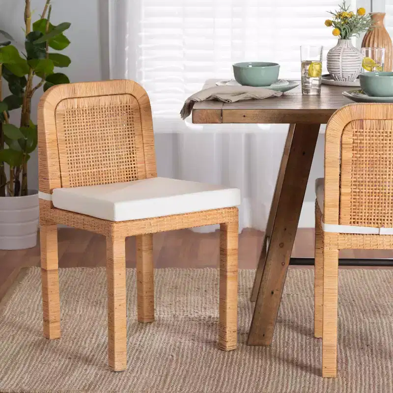 2pc ZariahRattan and Mahogany Wood Dining Chairs White/Natural Brown - Baxton Studio: Handcrafted, Cushioned, No Assembly Required