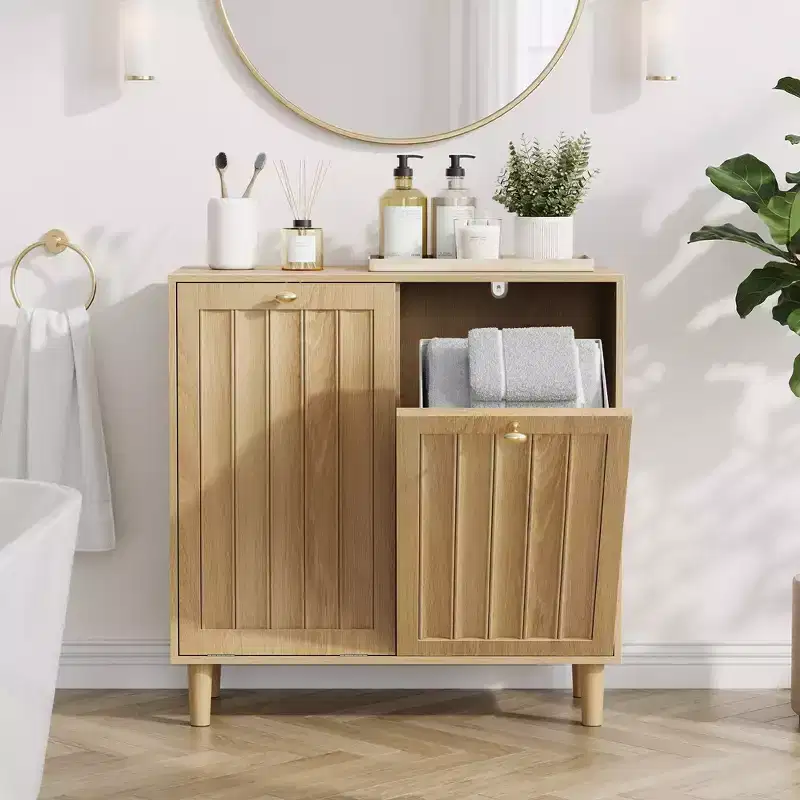 Modern 70 Wooden Laundry Hamper Cabinet with Removable Basket