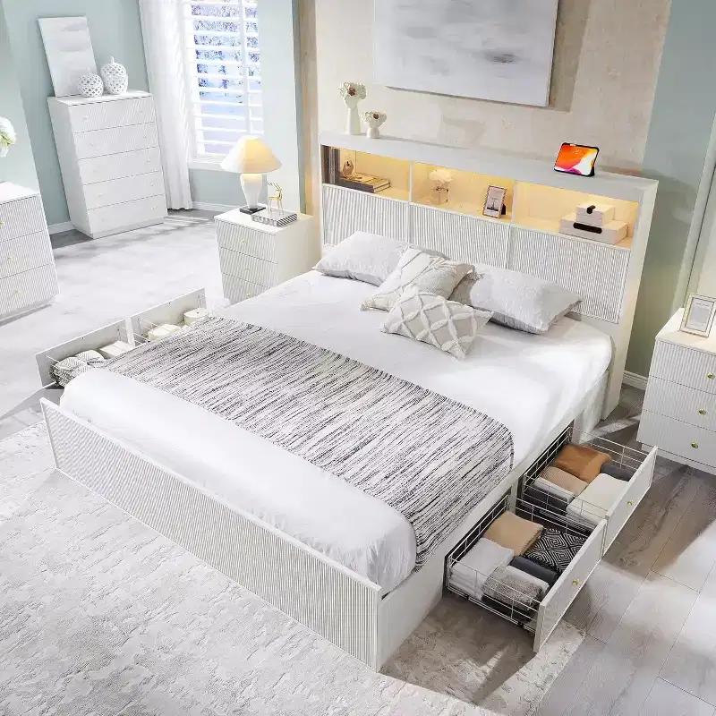 King Size Bed Frame with Headboard, Modern Wooden Platform Bed Frame with Lights & Charging Station & Drawers, No Box Spring Needed