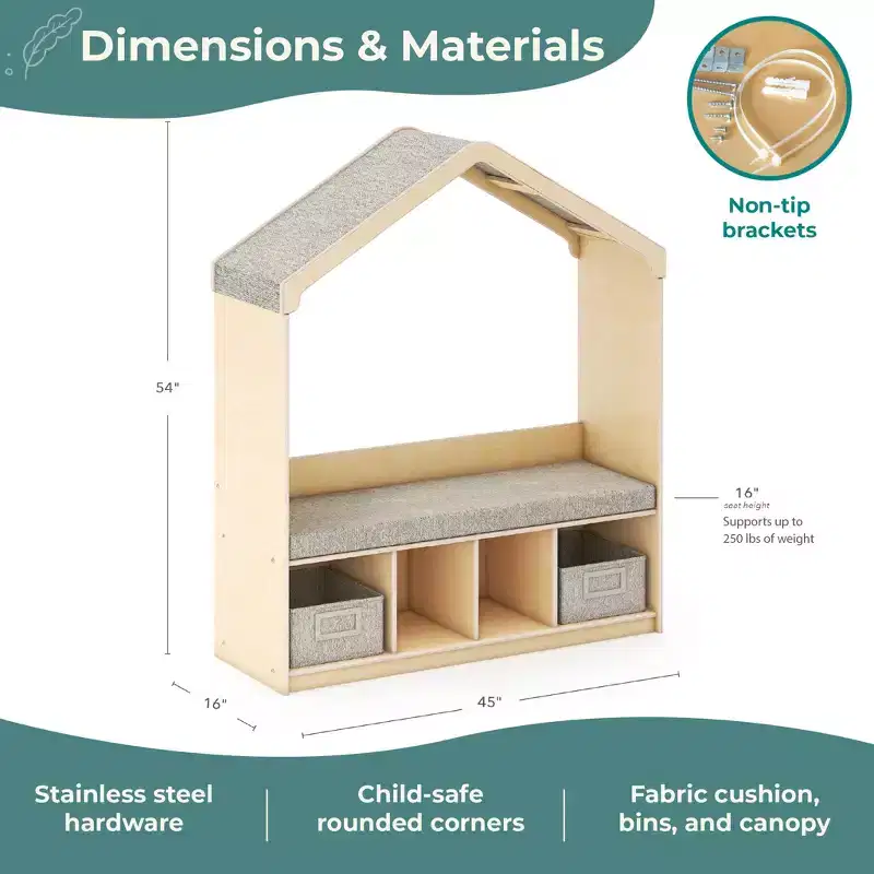 Kids' Reading Nook - Children's Bookshelf Storage Bench with Cubbies and Bins