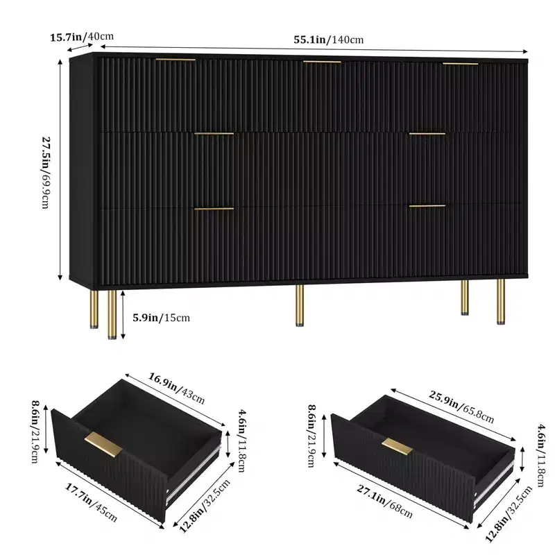 Modern 7-Drawer Fluted Dresser with Gold Handles, Wide Wooden Storage Chest for Bedroom, Living Room, Entryway