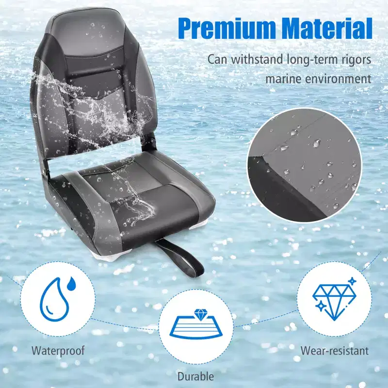 Gymax 1/2PC High Back Boat Seat Folding Fishing Seat w/ Soft Padded Cushion Fold-down Captain Boat Seat w/ Flexible Hinges Black/Blue