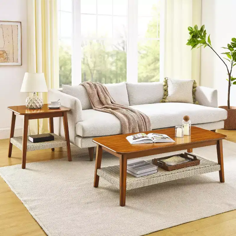 23-Inch Mid-Century Style Side Table with Woven Storage Shelf, Boho End Table for Living Room, Bedroom, Patio, or Home Office