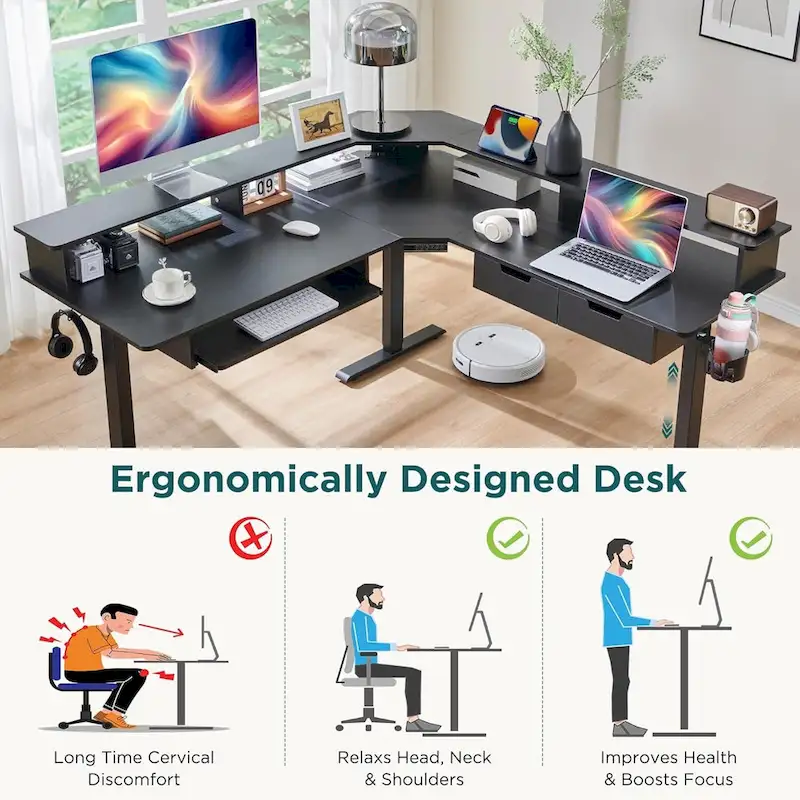L-Shaped Electric Standing Desk, Height Adjustable, RGB LED, Carbon Fiber Black / Dark Rustic Oak / Antique White, 1-Person