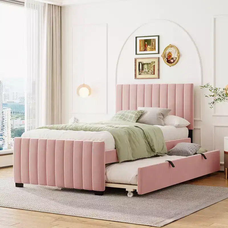 Bellemave Twin Bed Frame with Trundle Bed,Velvet Upholstered Bed Frame,Upholstered Platform Bed Twin for Kids Teens Adults Pink