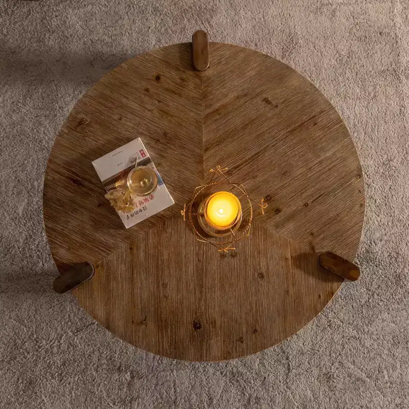 Round Wood Coffee Table, Rustic Natural, for Living Room and Apartment