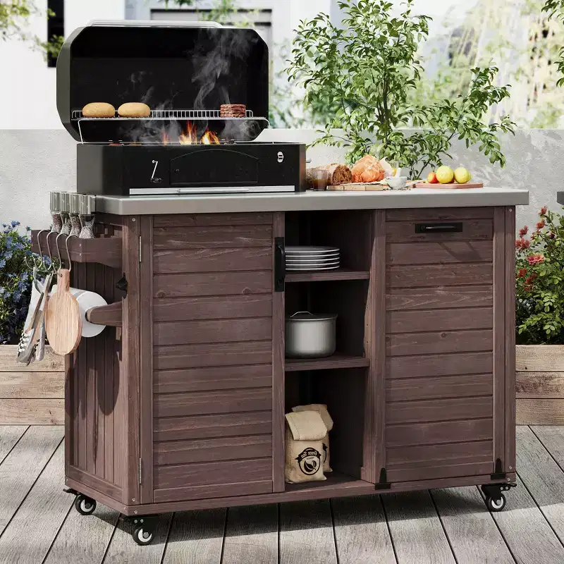78 Inch Outdoor Kitchen Island, Stainless Steel Top, Foldable BBQ Station, Dark Brown