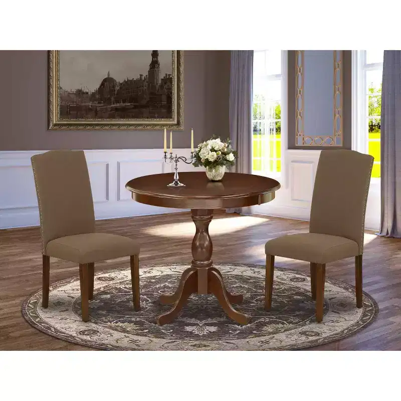 3-Piece Mahogany Finish Solid Wood Top Round Dining Room Set with High Back (Seats-4)