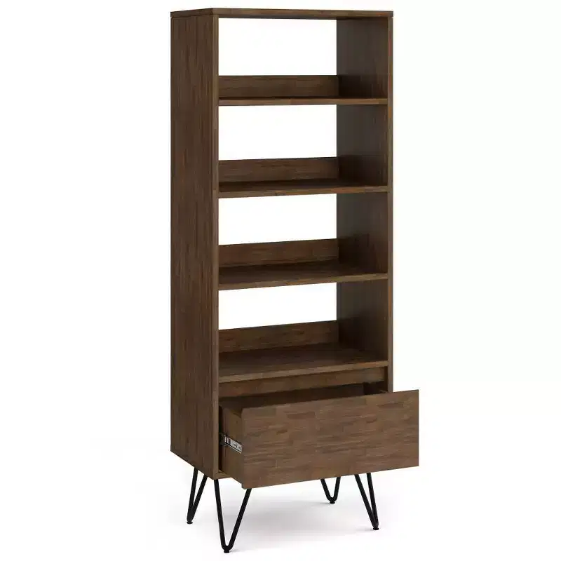 63.8" Saylor Tall Bookcase with Hairpin Legs & Drawer - WyndenHall: Industrial Design, Acacia Wood