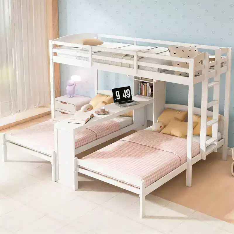 Twin over Twin and Twin Bunk Bed with Built-in Desk, Bookcase and Lights