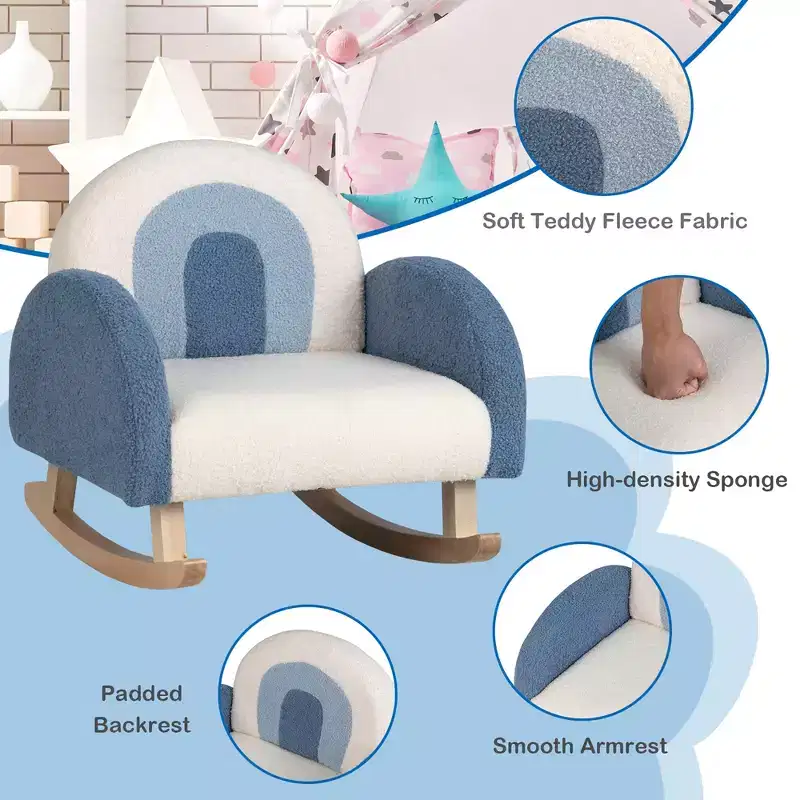 Kids Velvet Rocking Chair with Solid Wood Legs – Ergonomic, 110 lb Capacity, Blue/Red