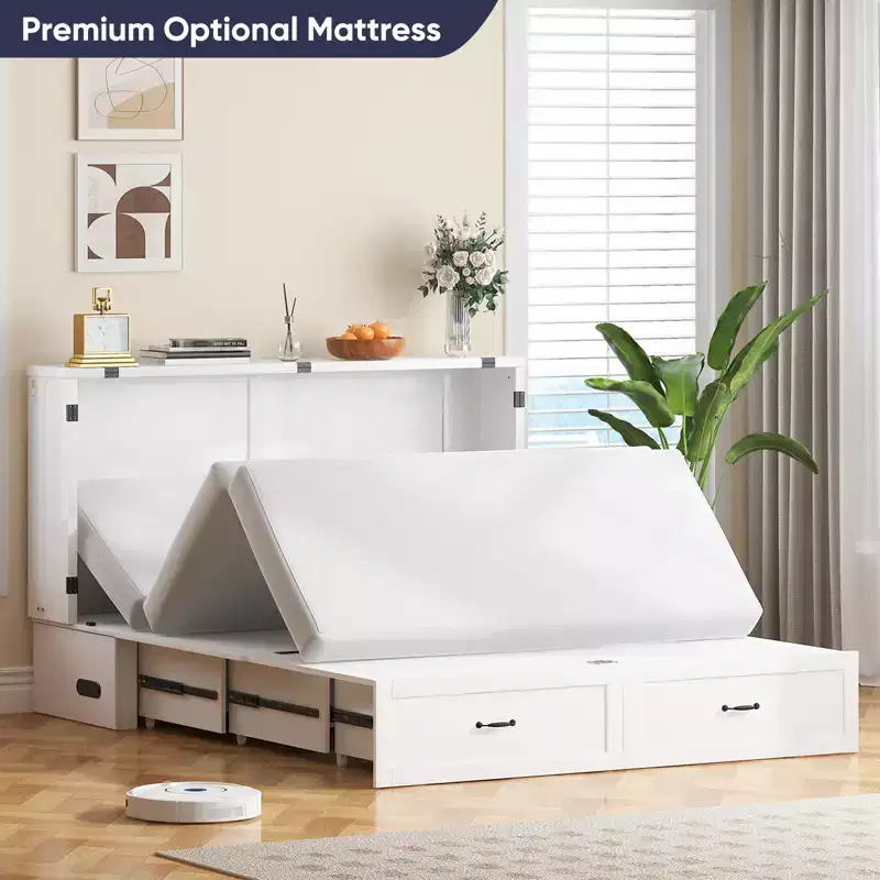 Modern Murphy Bed Queen Size with Charging&Storage,Optional Mattress