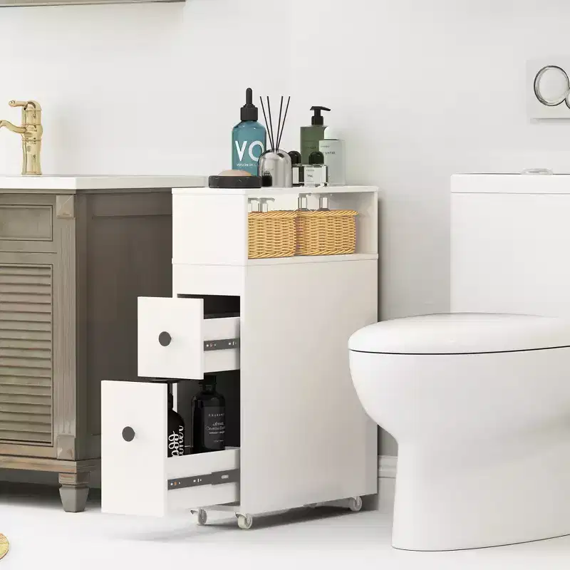 Movable Bathroom Storage Cabinet Narrow Toilet Side Paper Holder w/ 2 Drawers