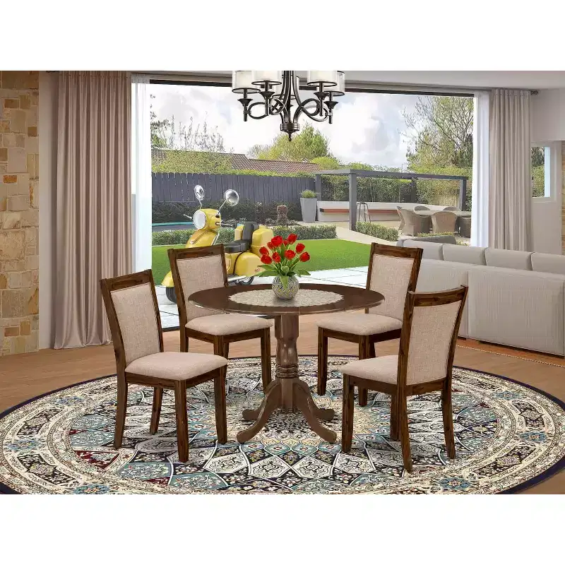 HomeStock 5 Piece Round Kitchen Table Set Linen Chairs Walnut Finish