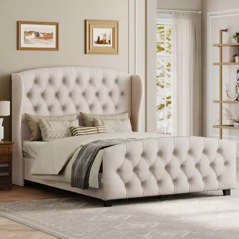 Queen Bed Frame with Tall Headboard, Upholstered Platform Bed Frame Queen Size, with Wingback Tufted Headboard Cappuccino Beige