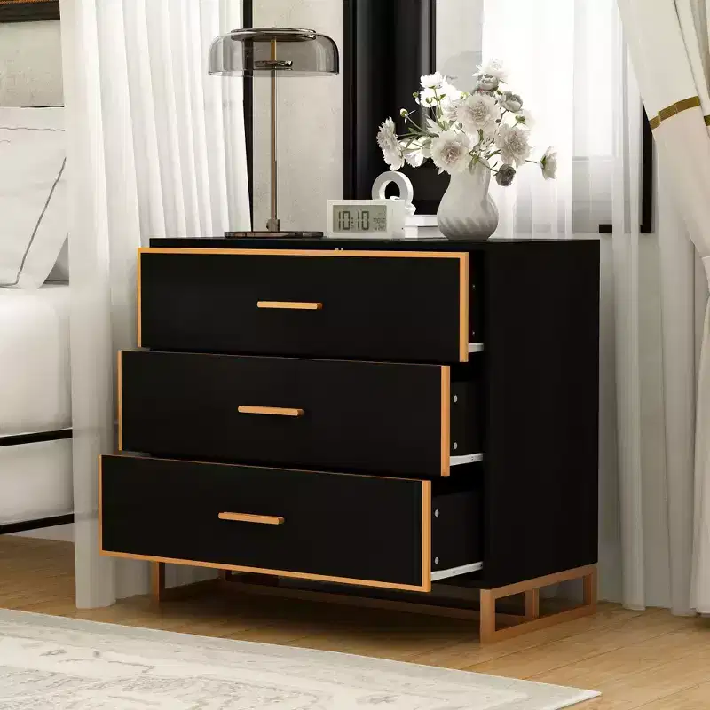 Black/White & Gold Modern Nightstand Open Metal Frame Bedroom Nightstand 3-Drawer Bedside Storage Living Room Bedside Table