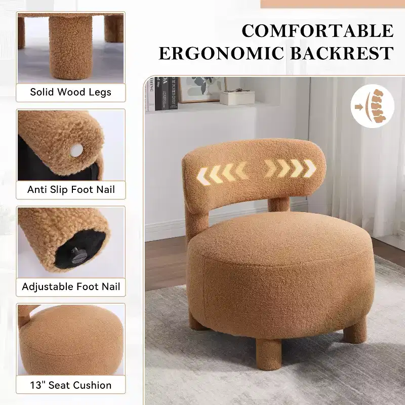 Upholstered Accent Chair Armless Side Chair with Curved Backrest, Teddy/Fur, White/Khaki - ModernLuxe