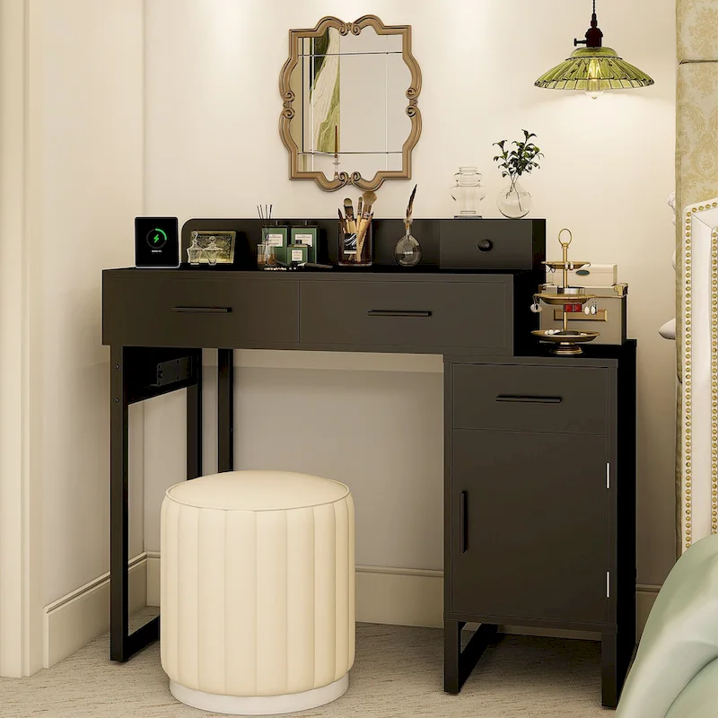 Reversible Makeup Vanity Desk With Charging Station and 4 Wooden Drawers and 1 Cabinet - N/A