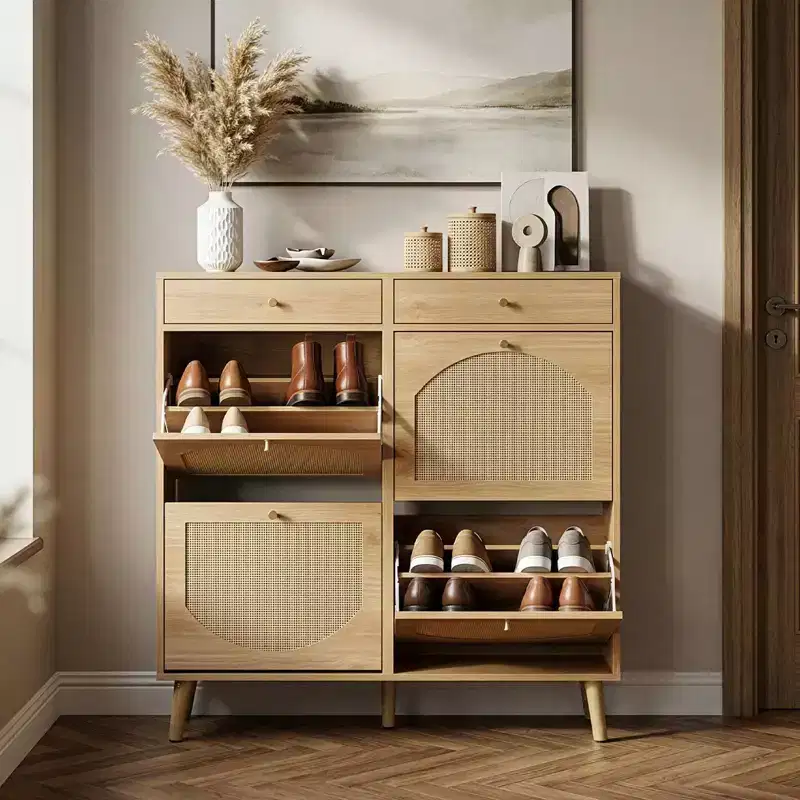 Karl Home Rattan Panel 2 Drawers 4 Flip-Drawer Shoe Cabinet Particleboard 41.34 W