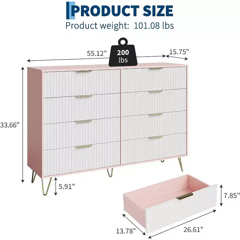 8-Drawer Fluted Wooden Dresser with Metal Handles