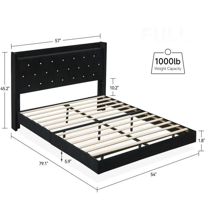 Full Size Floating Bed Frame with LED Lights, No Box Spring Needed