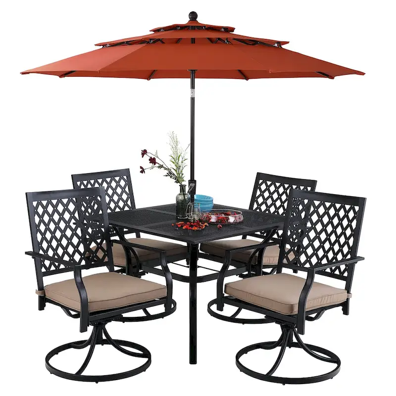 MAISON ARTS 6-Piece Metal Patio Dining Set: 4 Swivel Chairs, 1 Steel Frame Square 37 Table and 1x10ft 3-Tier Red Umbrella
