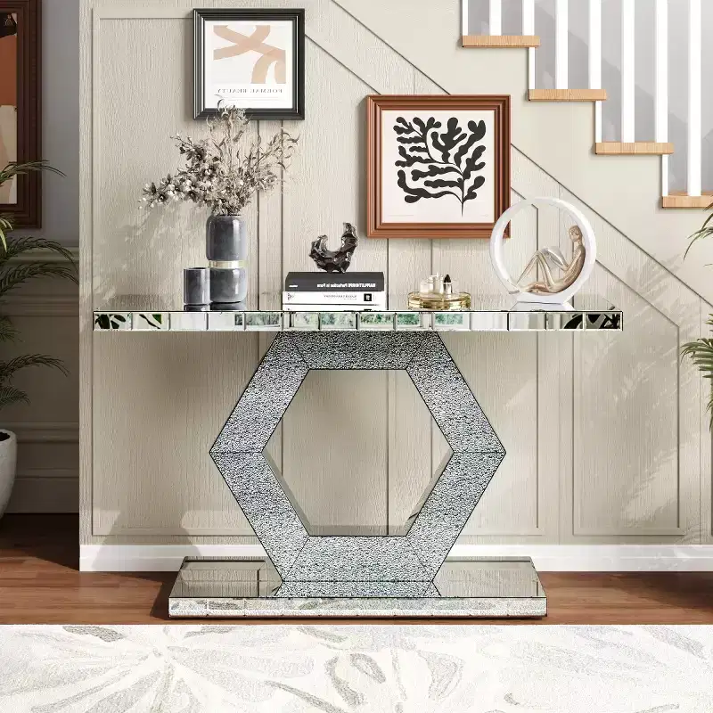 Glam Mirrored Entryway Console Table, Art Deco Hallway Table with Crystal Hexagon Base for Modern Foyer, Living Room or Behind Sofa - Panipeachy