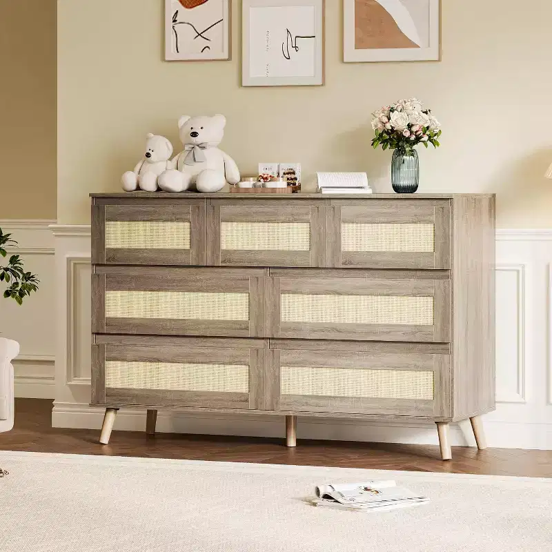 7-Drawer Rattan Dresser – Modern Wood Chest with Woven Fronts for Bedroom, Living Room & Nursery