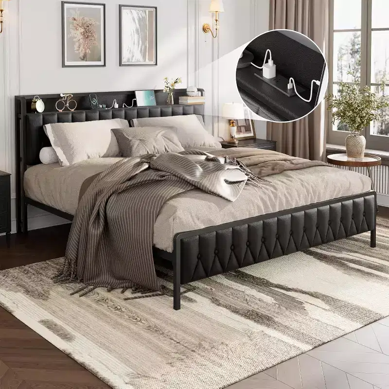 King Bed Frame with Charging Station, All-Metal Platform Bed Frame with Headboard & Footboard, Noise-Free, No Box Spring Needed, Easy Assembly, Black