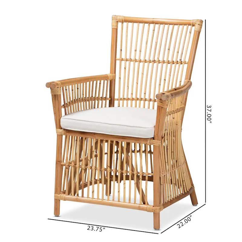 Rose Bohemian styled Upholstered Rattan Armchair-White/Natural Brown